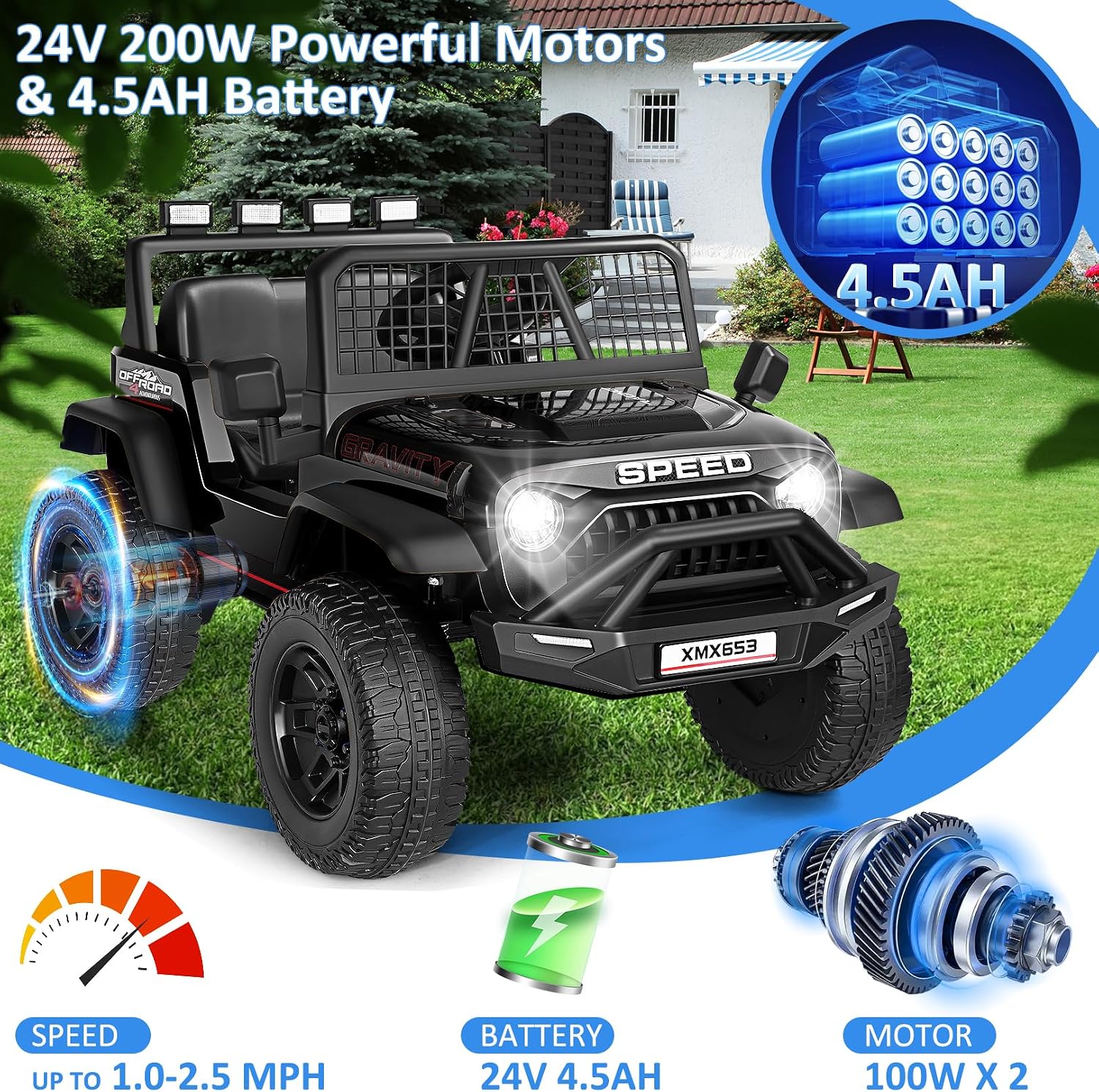 Hikole 24V Ride On Toys for Big Kids, 24V Power Wheels with Remote Control, 3 Speed, Bluetooth, Music, Soft Start, Birthday for Boys Girls Toddler, Black - Image 2