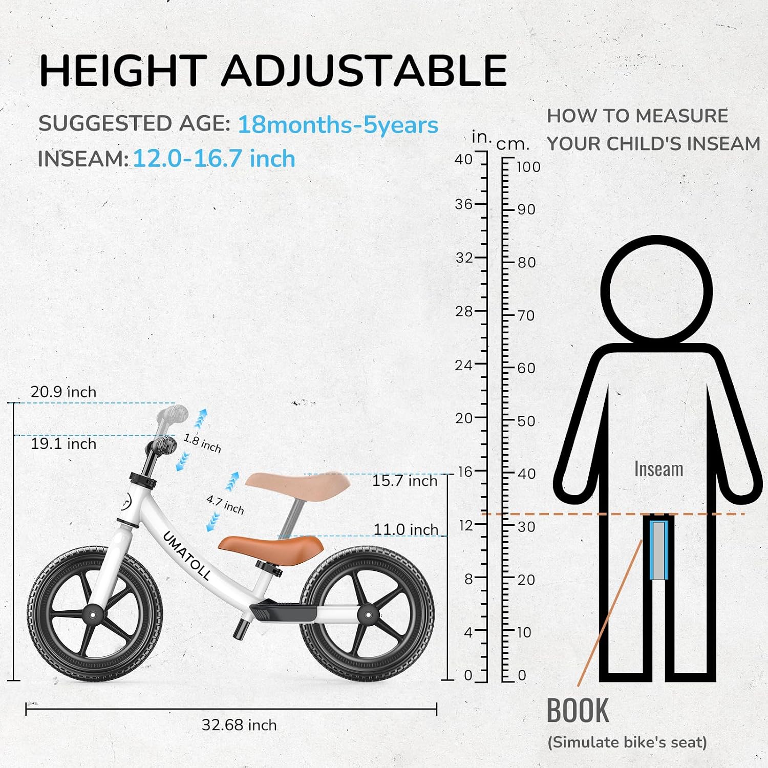 Umatoll Toddler Balance Bike 2 Year Old, Kids Bike Toy for 18 Months to 5 Years Old, Tool-Free Adjustment, Birthday Gifts for 2-3 Boys Girls, No Pedal - Image 3