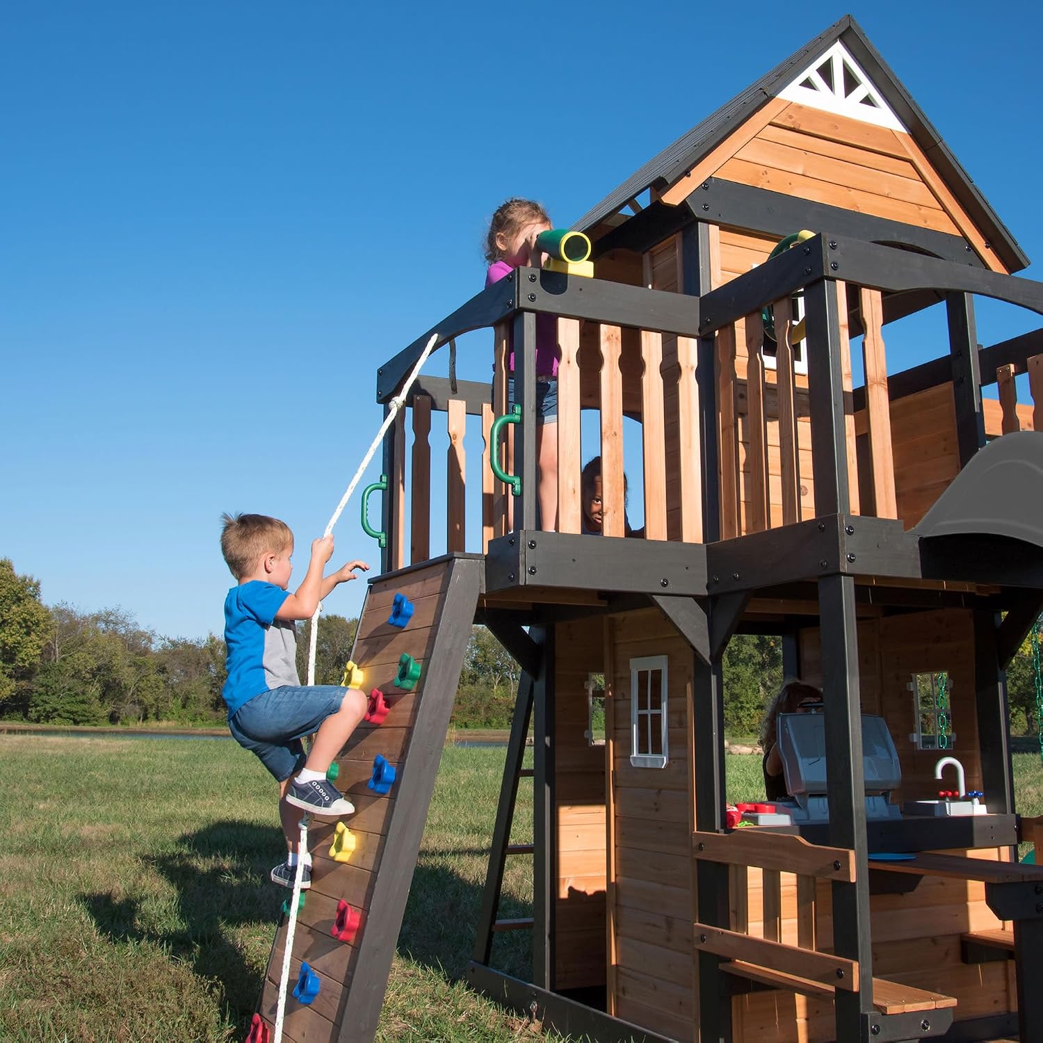 Backyard Discovery Canyon Creek Cedar Wood Swing Set with Wave Slide, Clubhouse, Play Kitchen, Picnic Area, Belt Swings, Web Swing, Rock Wall, Balconies, Playhouse, Step Ladder, Outdoor Playset - Image 4