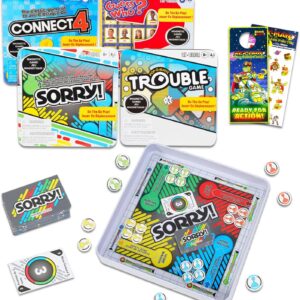 Hasbro Gaming Magnetic Game Travel Set for Kids – Bundle with 4 Travel Games in Tin Featuring Connect 4, Sorry, Trouble, Guess Who Plus Stickers | Travel Games for Kids 8-12