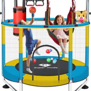 55″ Indoor & Outdoor Trampoline for Kids with Enclosure, Toddler Trampoline with Adjustable Gymnastics Bar & Toys, No-Gap Safety Design