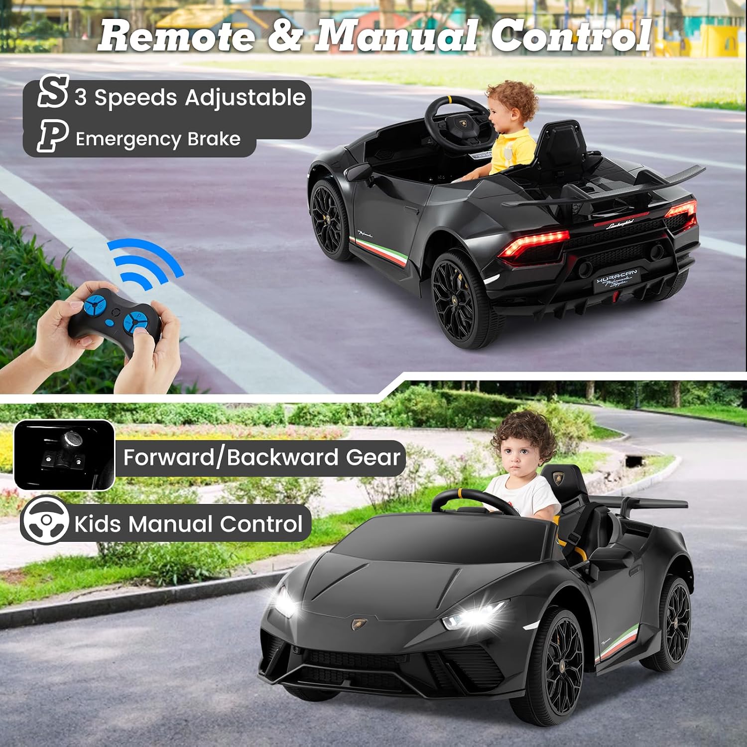 Licensed Lamborghini Huracan Ride on Car by INFANS, 12V Kids Electric Vehicle Battery Powered Toy with Remote Control, LED Lights, Spring Suspension, Bluetooth, MP3, Aged 3-8 Years (Black) - Image 4
