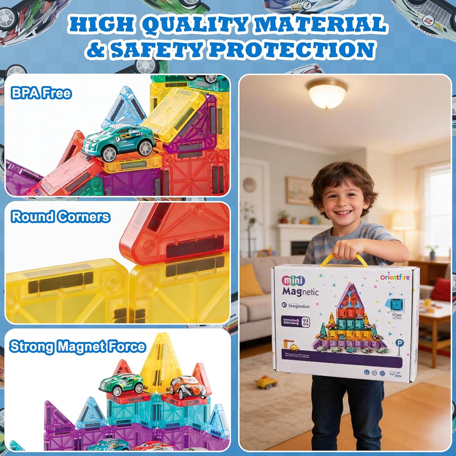 93 PCS Magnetic Tiles Mini Magnetic Building Tiles with Cars, Travel Magnetic Tiles with Storage Bag,STEM Toys for School Acitivities, Ideal Christmas Birthday Gifts for Boys Girls Age 3+ Years Old - Image 5