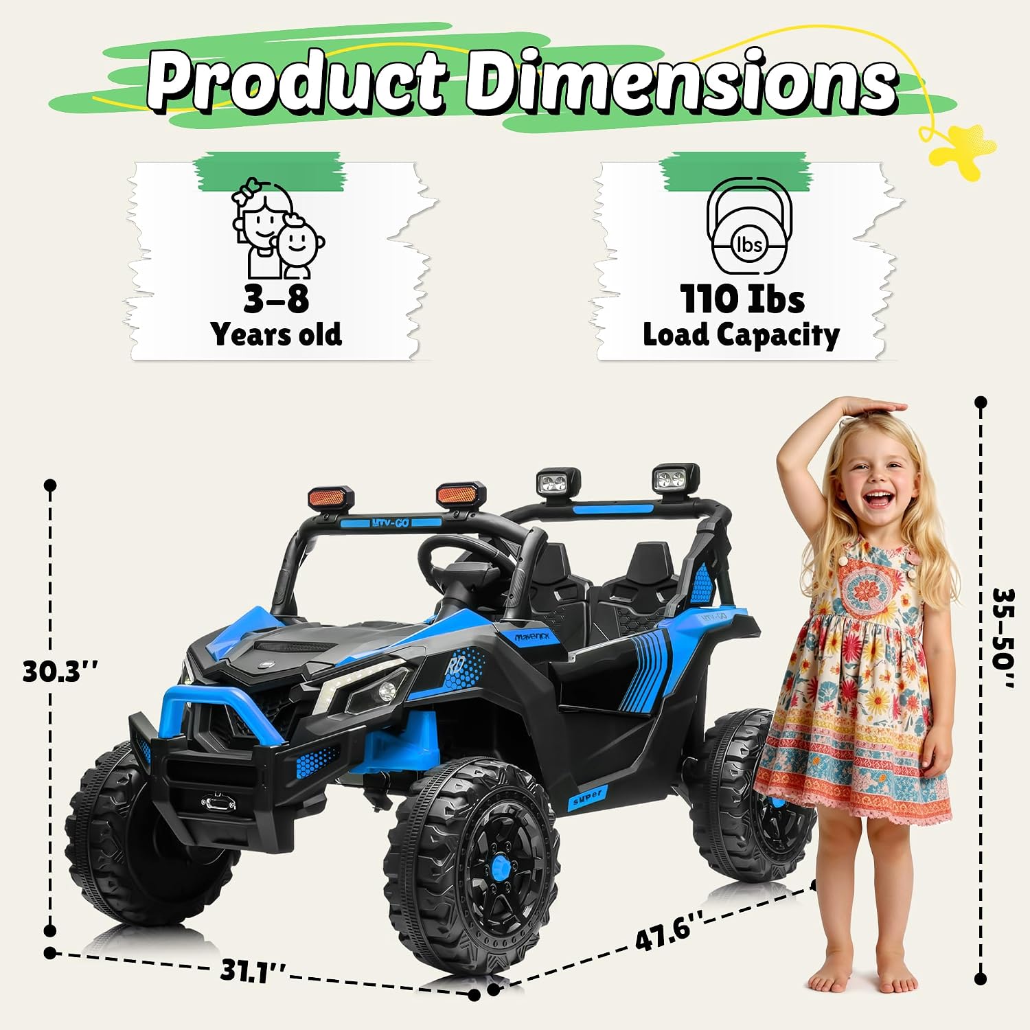 24V Ride on Car 2 Seater Ride on Toys for Big Kids 4WD 4X200W Off-Road Powerful UTV Ride on Truck Electric Vehicle Birthday Gift for Boys & Girls Ages 3-8, Blue - Image 6