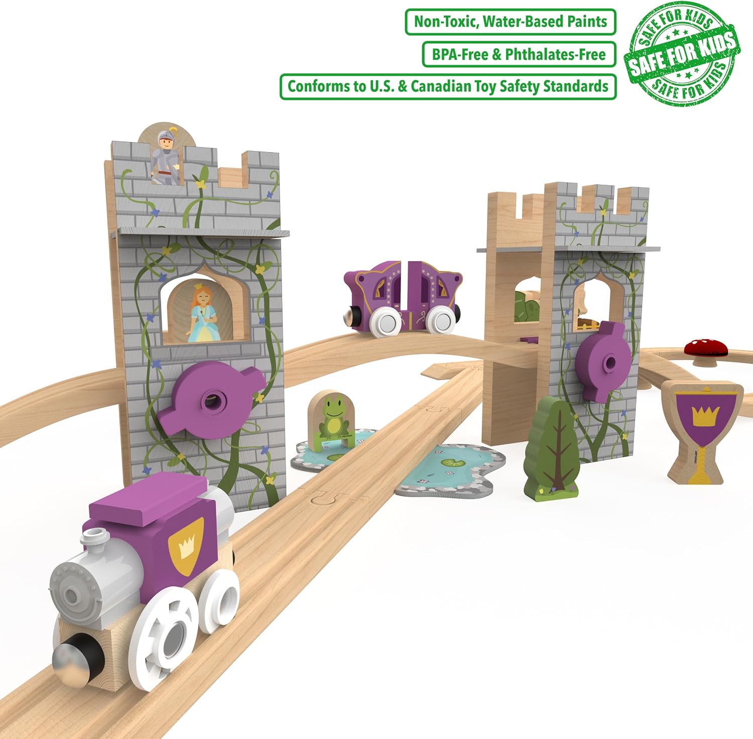Wooden Train Set 68 PCS Castle Dragon Unicorn Fantasy Kingdom Adventure Playset w/Storage Box Train Toys for Girls Toddlers Grandkids Kids Compatible with Thomas Brio Melissa and Doug - Image 2