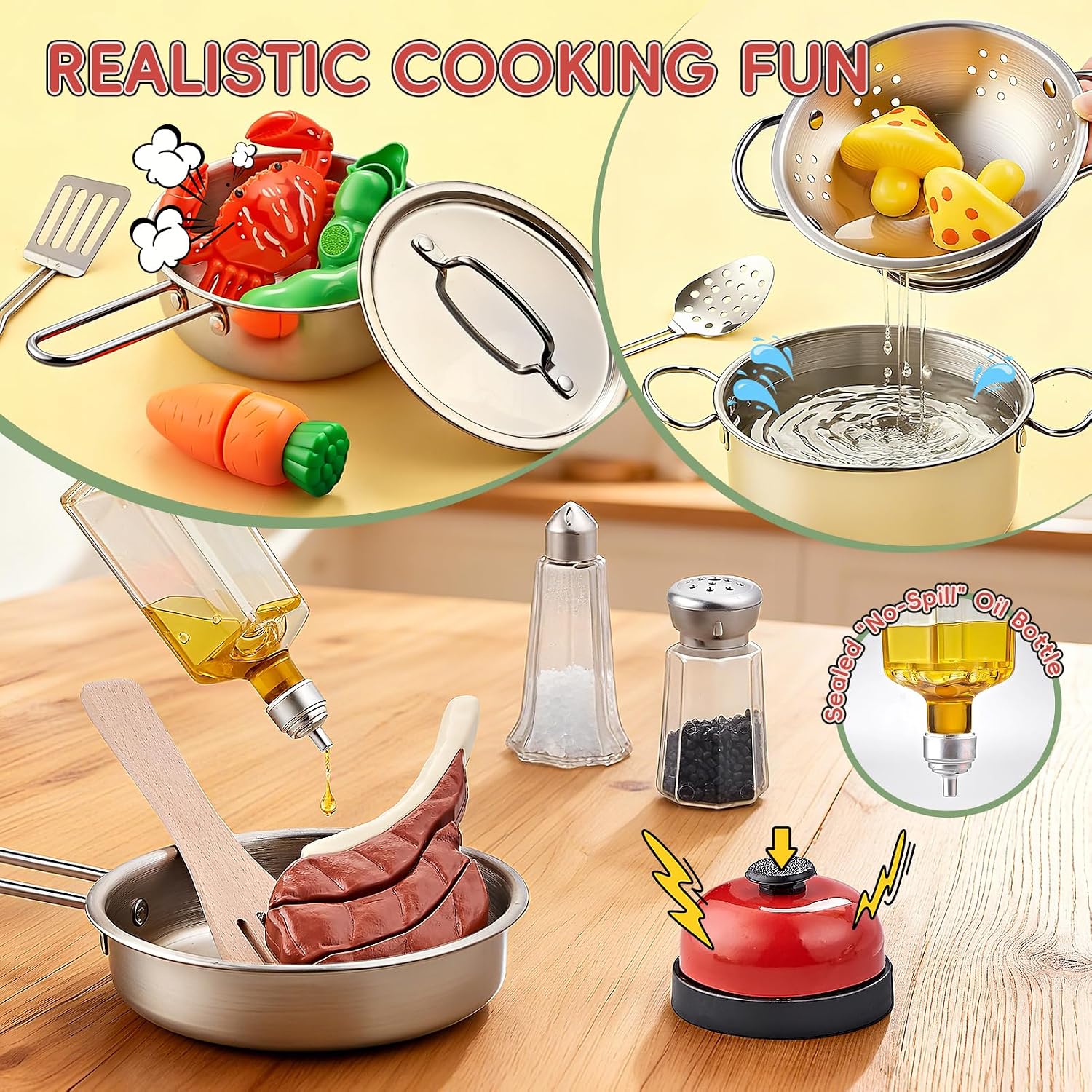 Play Kitchen Accessories, Large Stainless Steel Toddler Cooking Set, Kids Kitchen Playset with Cutting Play Food, Condiments, Chef Apron & Hat, Service Bell, Toy Food with 2 Baskets, Boys Girls Gifts. - Image 3