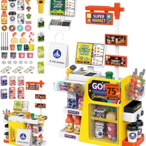 RedCrab 65PCS Cash Register Playset for Kids – Grocery Store Supermarket Playset with Play Money, Calculator, Scanner, Credit Card & Play Food, Educational Role Play Toy for Boys Girls Ages 3+