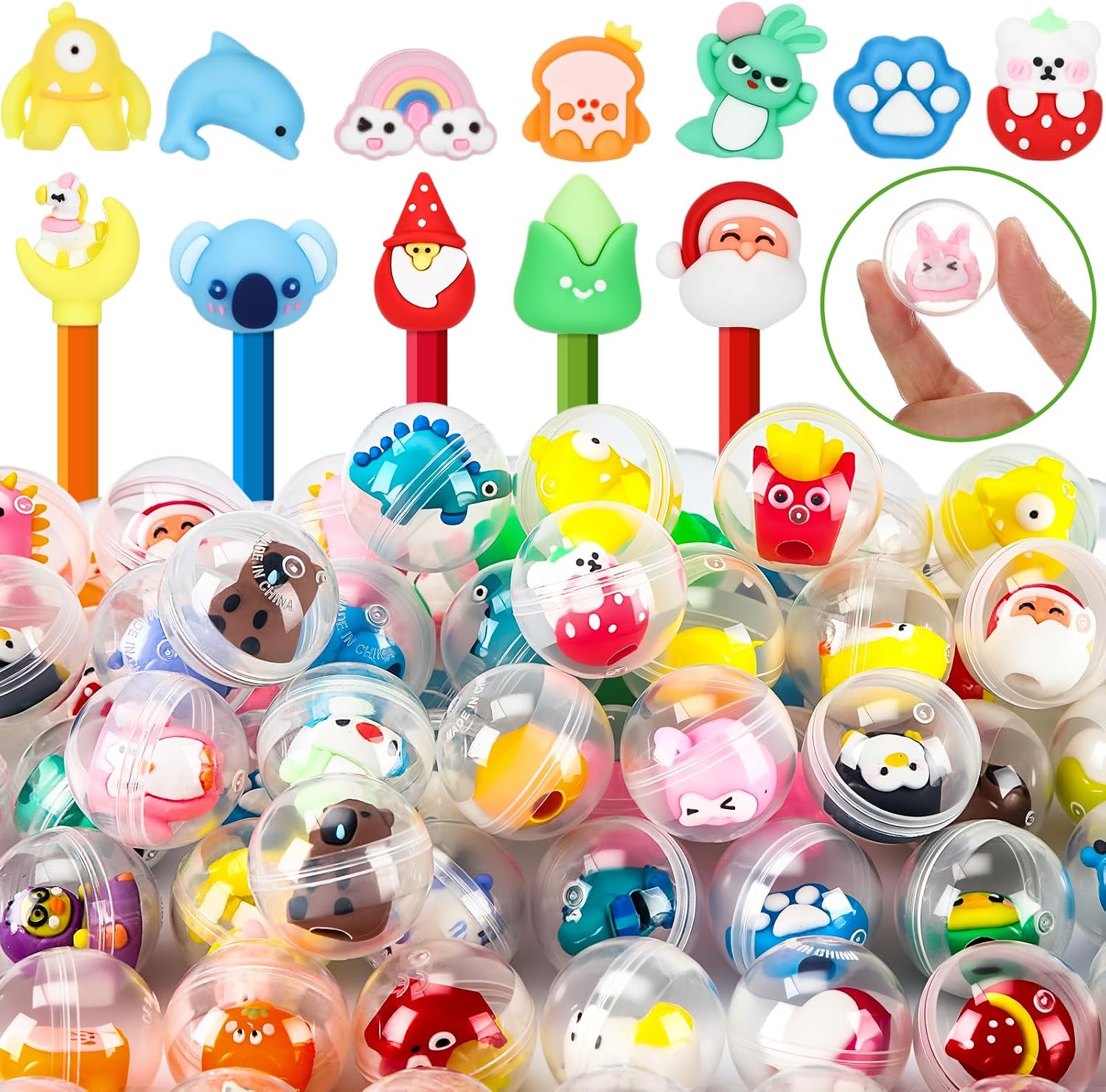 Civaner 100 Pcs Gumball Capsules Toys Clear Vending Machine Capsules with Cute Cartoon Toys Mini Round Capsule Gift for Kindergarten Xmas Easter Basket Stuffers Claw Machine Prizes Classroom Prizes