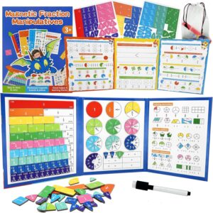 Magnetic Fraction Tiles & Circles Set with Dry Erase Board – Montessori Math Manipulatives Kit for Grade 1-5, Homeschool Classroom Fraction Puzzles and Games