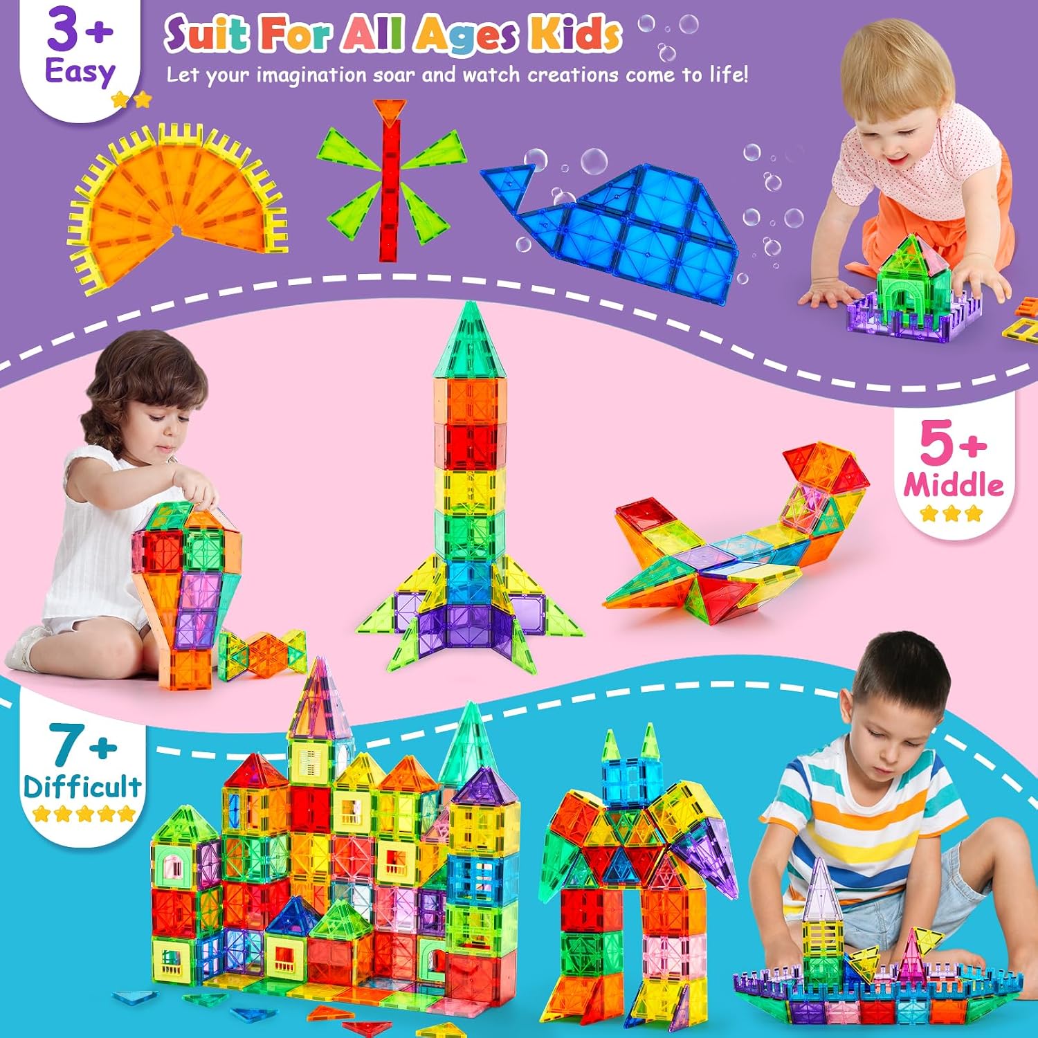 Dopyye 132 PCS Magnetic Tiles Building Blocks with 2 Cars, STEM Educational Construction Montessori Toys for Kids Ages 3 4 5 6 7 8 9, Magnet Building Set Gift for Boys Girls - Image 5