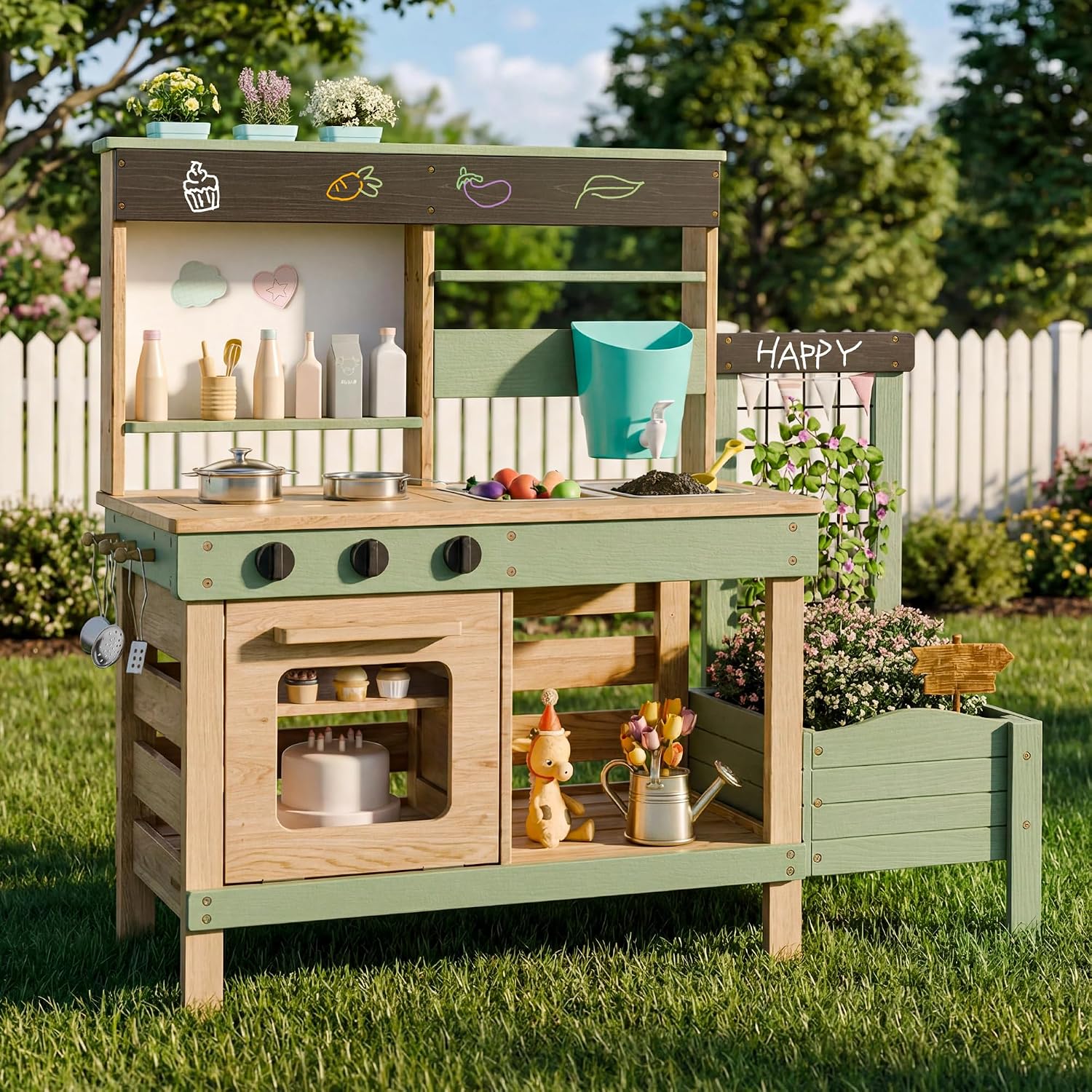 Outdoor Mud Kitchen for Kids, Wooden Pretend Play Kitchen with Plant Growing Box, Removable Sink, Oven and Stove, Kids Kitchen Playset with Kitchen Accessories for Backyard & Garden - Image 2