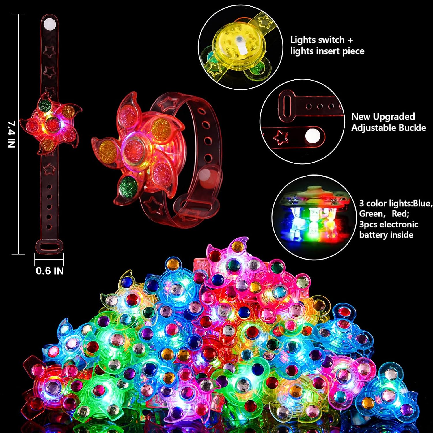 SCIONE 24 Pack LED Light Up Fidget Spinner Bracelets, Glow in The Dark Party Favors for Kids 4-8 8-12, Treasure Box Toys, Birthday Gifts, Carnival Prizes, Goodie Bags Stuffers - Image 5