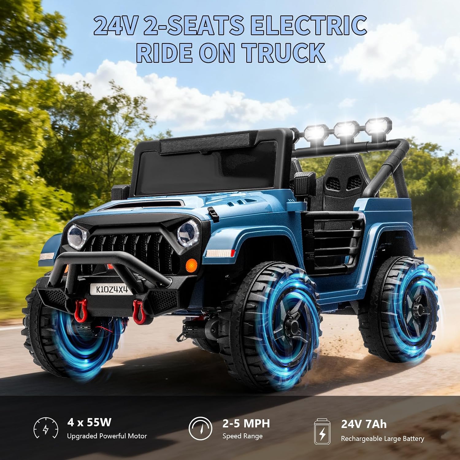 Kids 24V 2-Seater Electric Ride On Car, 4x4 Ride On Truck w/Remote Control, 4-Wheeler Suspension, 3 Speeds, Led Lights, Bluetooth, Ride on Car Toy for Kids Ages 3-8, Cyan Blue - Image 3