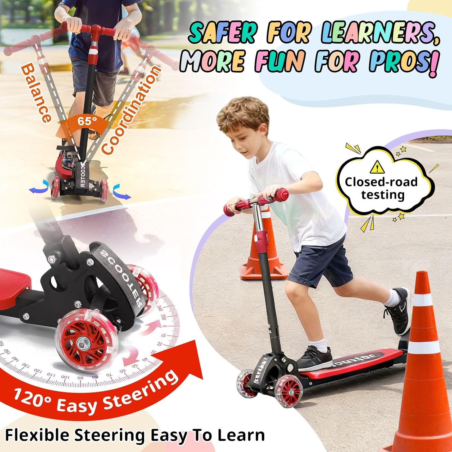 3 Wheel Kids Kick Scooter for Ages 3-12, Lean-to-Steer, Light-Up Wheels, 3-Level Adjustable Handlebar 27.5”-33”, Wide Non-Slip Deck, Dual Rear Brake,Travel Foldable, for Boys & Girls Toy Gifts - Image 3