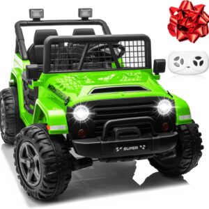JOYRACER 24V Ride on Car with Remote Control, XL 2 Seater 4WD/2WD Switchable Truck w/4X200W Motor, 20 Inch Wide Seat, Gift Flower Power Car Wheels 24 Volt Big Truck for Boys Girls, Green