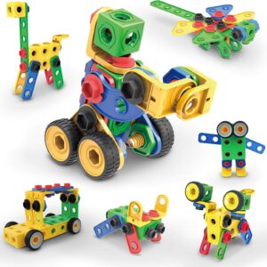 PicassoTiles STEM Learning Toys 105 Piece Building Block Set Kids Construction Engineering Kit Toy Blocks Children Early Education Playset w/IdeaBook, Power Drill, Clickable Ratchet, Age 3+ PTN105