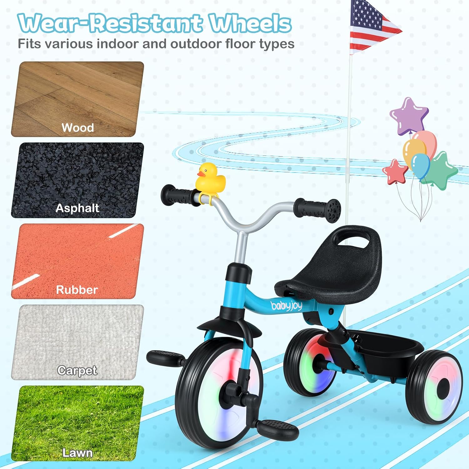 BABY JOY Toddler Bike, Folding Kids Tricycle w/Glowing Wheels, Flag, 3-Position Seat, Storage Basket & Squeaky Duck, Baby Trike Balance Bike for 1-3 Years Old Boys Girls Outdoor Play (Blue) - Image 7