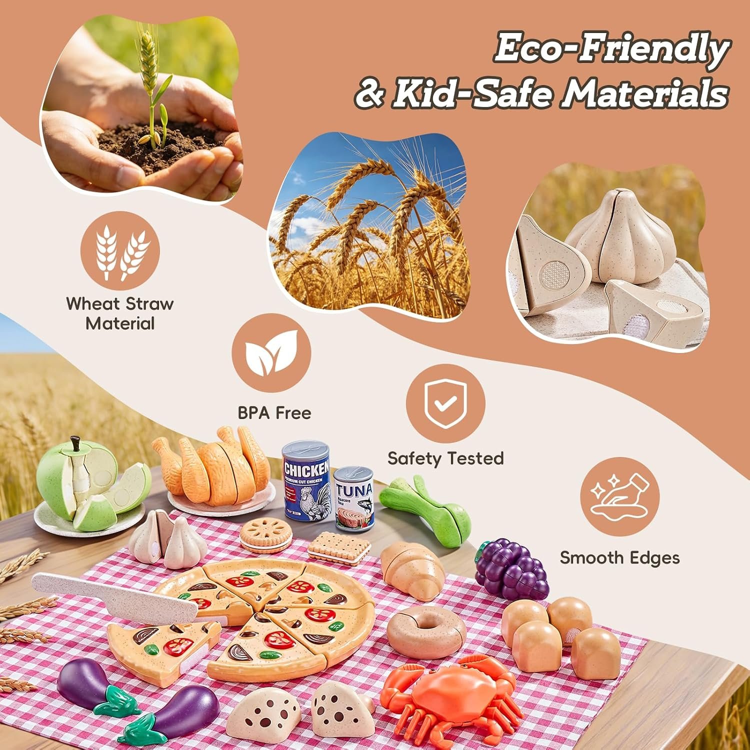86Pc Wheat Straw Play Food for Kids Kitchen-Toy Food with 2 Baskets & Picnic Blanket, Realistic Cutting Pizza, Grocery Cans, Pretend Play Kitchen Accessories & Toddler Toys for Boys Girls 3+ - Image 5