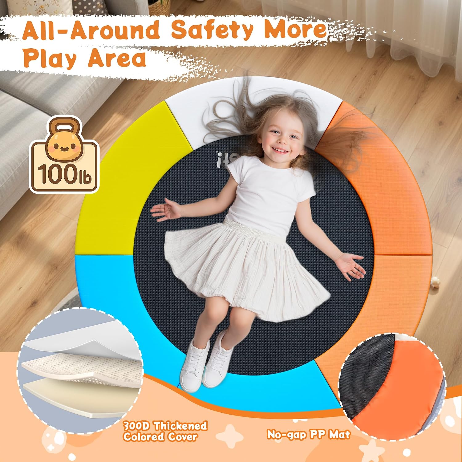 JOY SPOT! Premium 3FT Foldable Toddler Trampoline for Kids Ages 1-6, 36 Inch ASTM Certified Mini Trampoline with Adjustable Handle, 100 lbs Capacity, Quiet Elastic Bands, Safe for Indoor Outdoor Use - Image 8