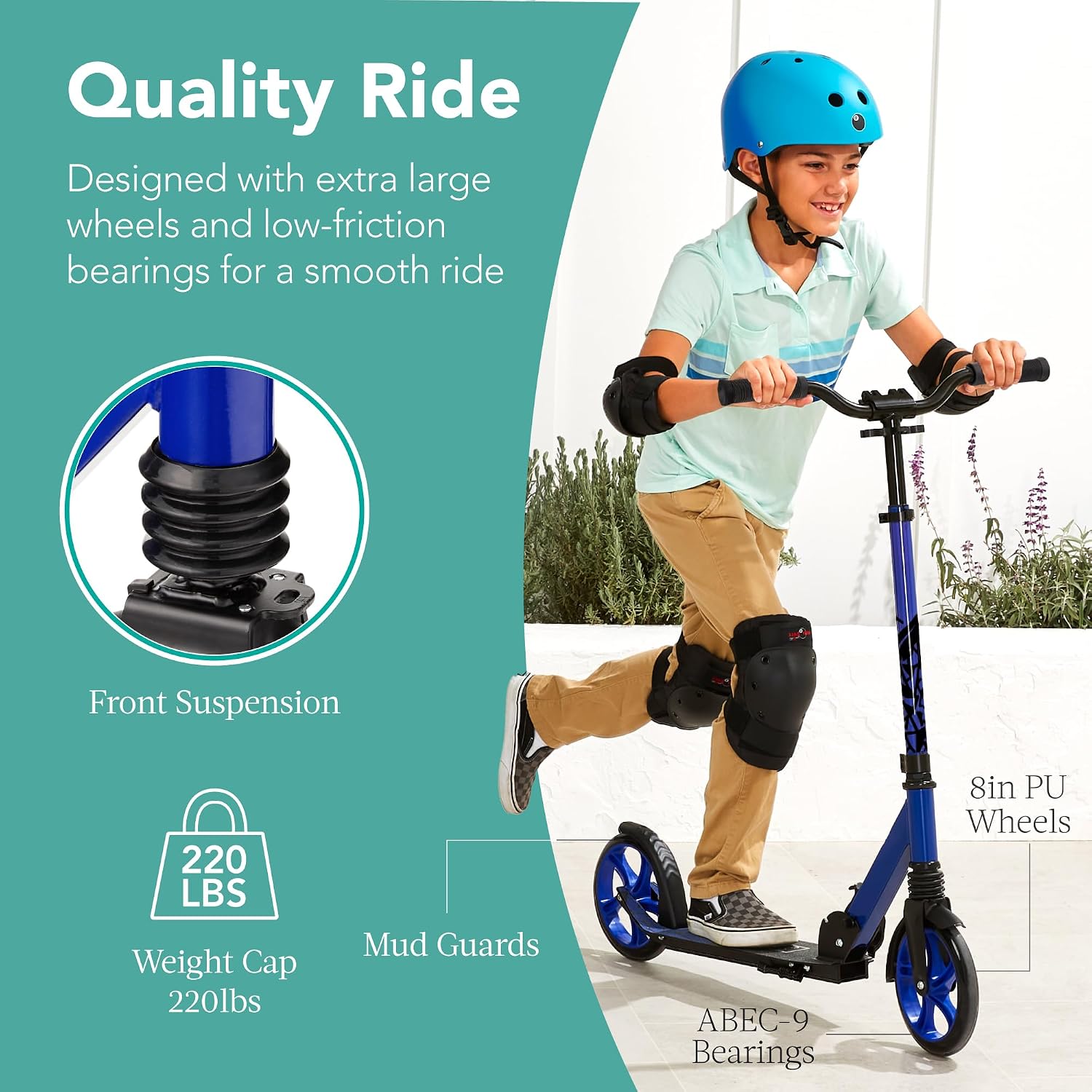 Best Choice Products Kick Scooter for Kids Ages 8+ Teens & Adults, Foldable Large Wheel Scooter with Suspension, Adjustable Handlebars, ABEC-9 Bearings, Lightweight Scooter for Boys & Girls - Blue - Image 2