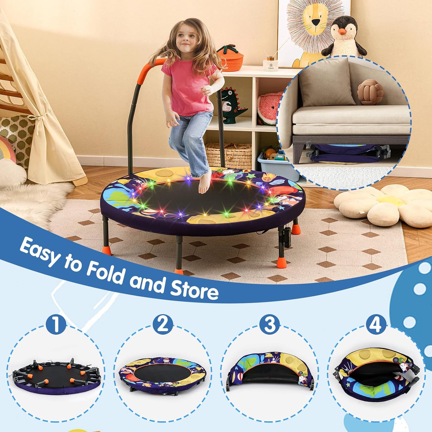 Goplus Foldable Toddler Trampoline for Kids, 36'' Recreational Mini Trampoline w/20 LED Lights, Foam Handle, Padded Safety Cover, Indoor Outdoor Exercise Rebounder for Boys Girls Aged 3-6 - Image 7