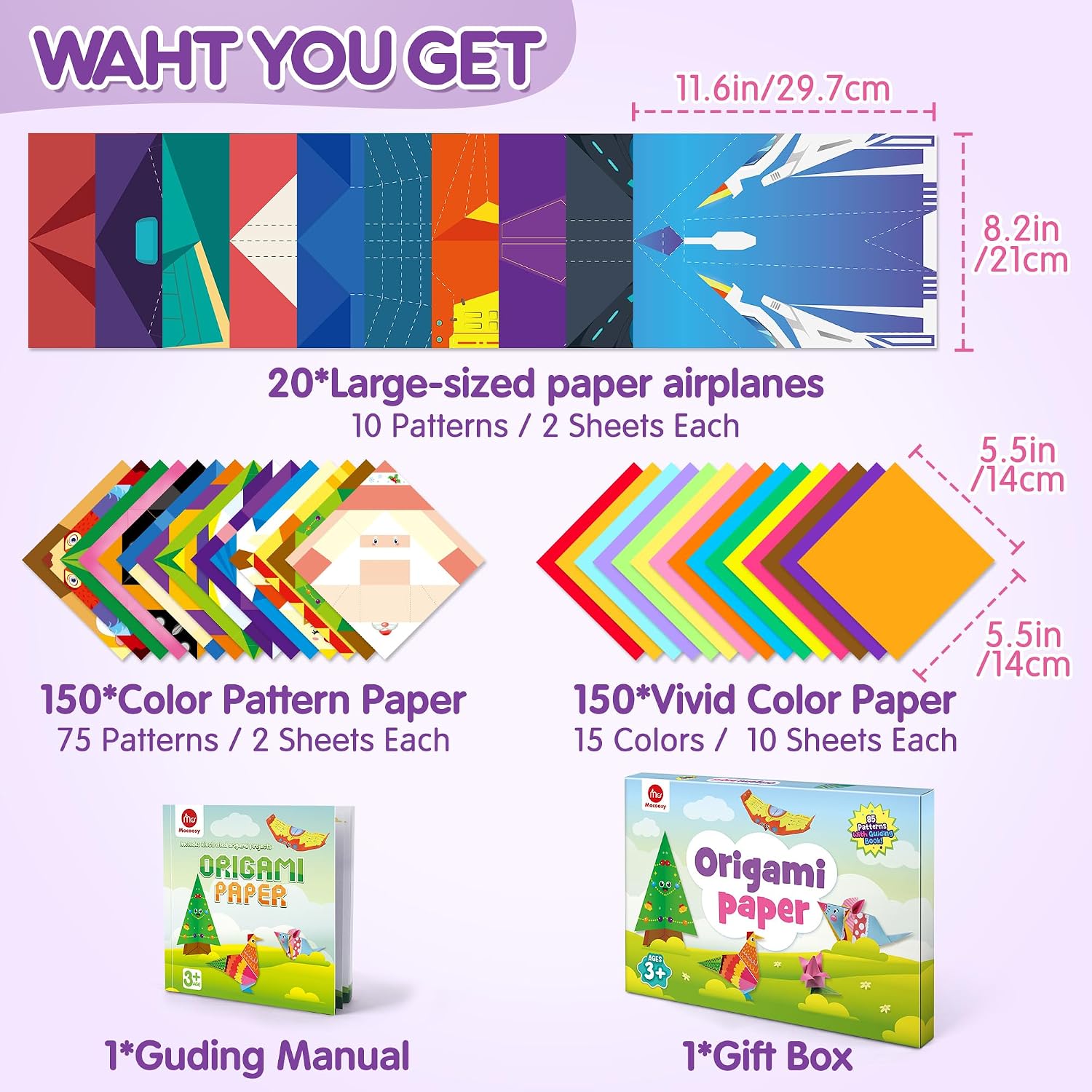 Mocoosy 320 Sheets Origami Kit for Kids Ages 5-8 9-12, Folding Paper Set with Origami Book & Paper Airplane, DIY Art Craft Project for Boys Girls, Travel Game Airplane Car Road Trip Activity Toy Gift - Image 2