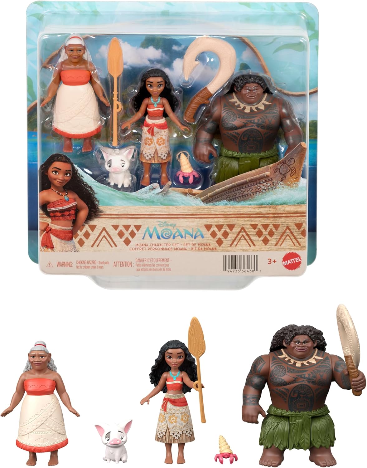 Mattel Disney Moana Small Doll 3-Pack with Moana, Maui the Demigod & Gramma Tala, Plus Pua the Pig, Crab Figure & 2 Accessories, Inspired by Movie