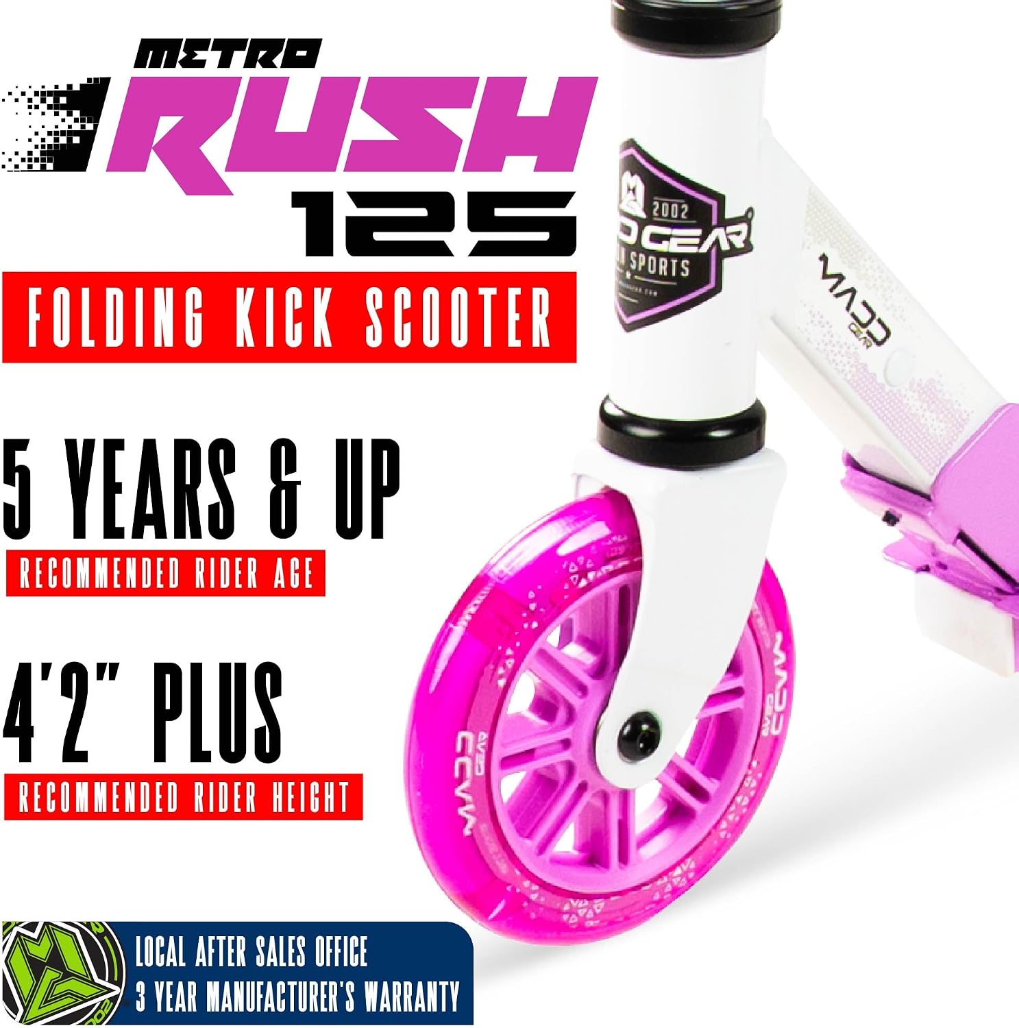 Kick Scooter for Ages 5+ - Kids, Teens & Adults. Max Load 220lbs. Foldable, Light-Up Wheels, Adjustable Height, Lightweight - Rush 125 Madd Gear - Image 2