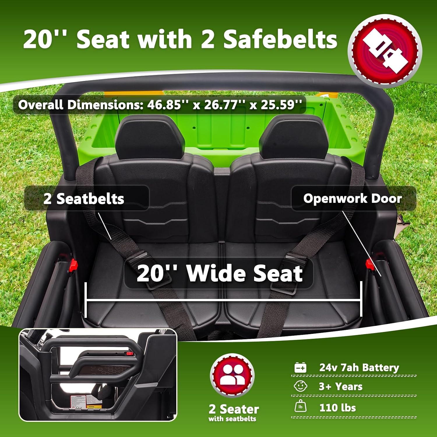 Sopbost 2 Seater 24V Ride On Truck with EVA Tires Wheels 4WD Kids Electric Car with Dump Bed Ride On Toy Car with Remote Control, Kids UTV for Boys Girls, Extra Shovel,Music, Green - Image 7