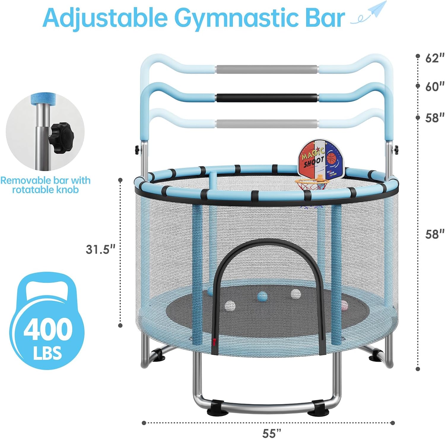55/60" Trampoline for Kids, 4.5/5 FT Toddler Trampoline with Enclosur Net, Basketball Hoop & Sandbag, 440 LBS Capacity, Adjustable Height,Gifts for Ages 3-12 Boys & Girls - Image 2