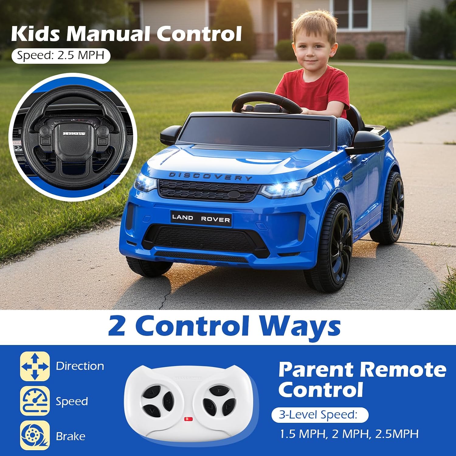 Costzon Ride on Car, Licensed Land Rover Discovery Sport Electric Vehicle, 12V Kids Car with Parent Remote Control, Music, Horn, Song, Gift for Aged 3+ (Blue, 38” x 24” x 17”(L x W x H)) - Image 3