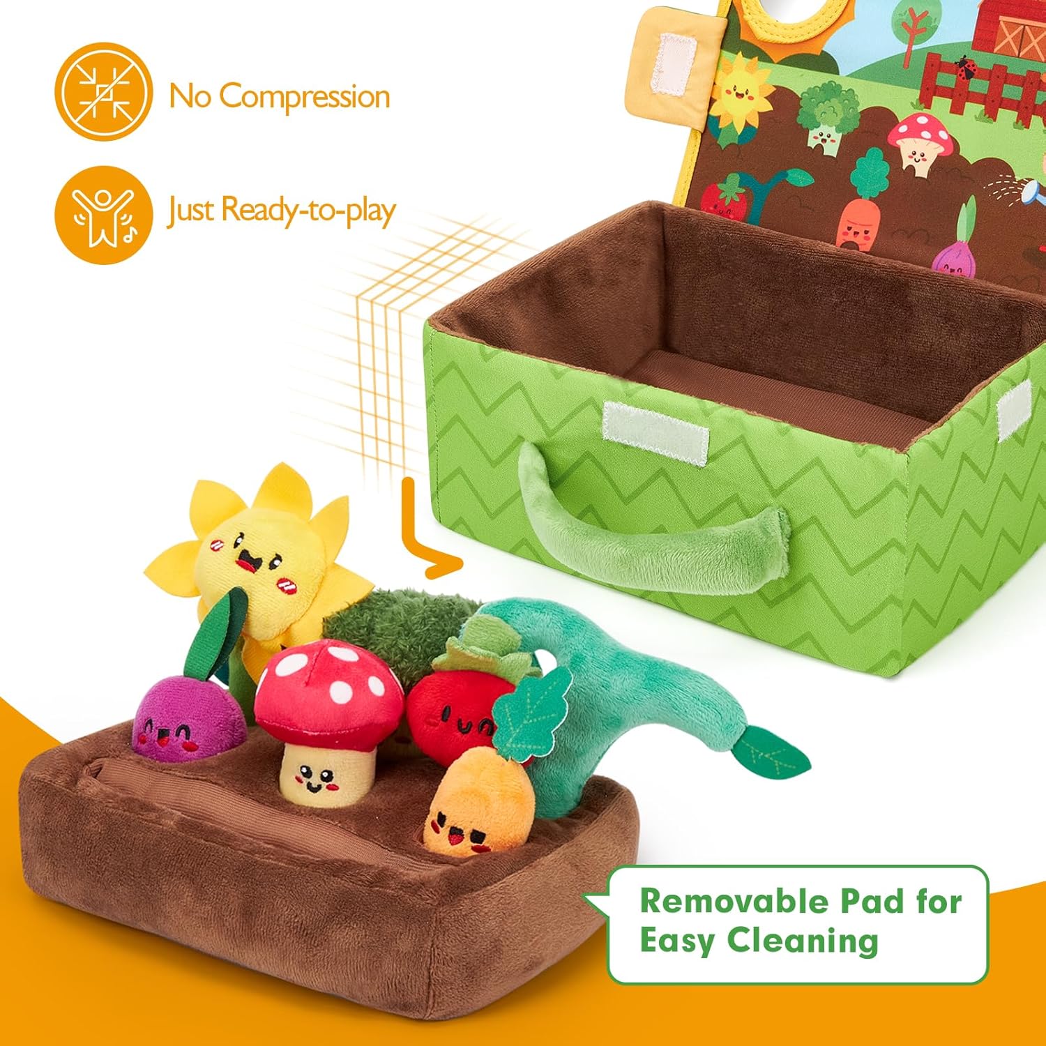 hahaland Baby Toys 6-12 Months - Fruits Vegetables Garden Plant Farm Plush | 6 Month Old Montessori Sensory Toys Carrot Flower with Rattles Mirror Squeaker Crinkle Tissues, 9 Month Old Gifts for Babies - Image 7
