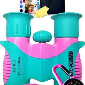 Kids Binoculars Turquoise 8×21 Shockproof Set Ages 3–12 with Case, Neck Strap, Compass & Carabiner | High Resolution Optics for Outdoor Adventures, Bird Watching & Hiking for Boys