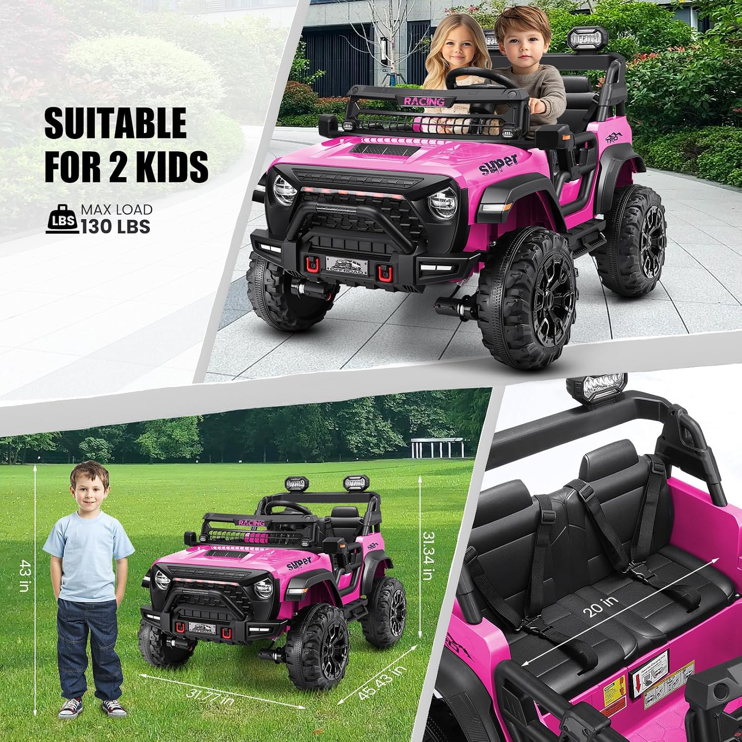 Hikole 24V Ride on Toys for Kids, 2 Seater Electric Car with Remote Control, 9AH Battery, 4×4 Powered Wheels, 20" Wide Two Seat, Speed up to 5 MPH, Suspension, Music, 24 Volt Toy for Girls, Pink - Image 5