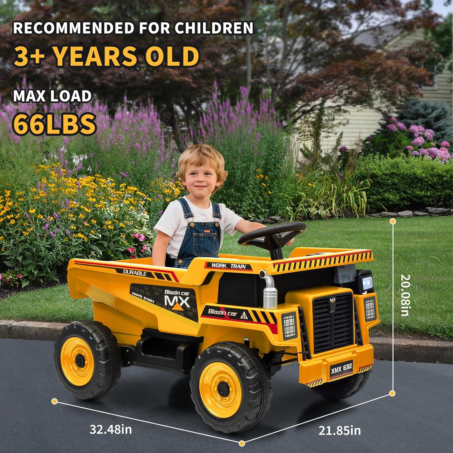 12V Ride On Dump Truck for Kids Electric Ride On Car Toy Toddlers 4 Wheeler Construction Vehicles with Remote Control, Dump Bed, Shovel, LED Lights, Music, for Kids 3-8, Yellow - Image 3