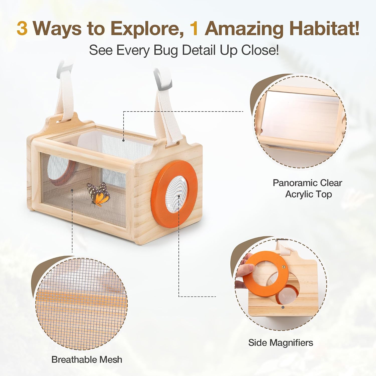 Wooden Bug Catcher Kit for Kids, 16-in-1 Outside Toys for Toddlers STEM Outdoor Explorer Set with 3-Way Observation Habitat, Butterfly Net, Magnifying Glass, Educational Gift for Boys Girls Ages 3-8 - Image 3