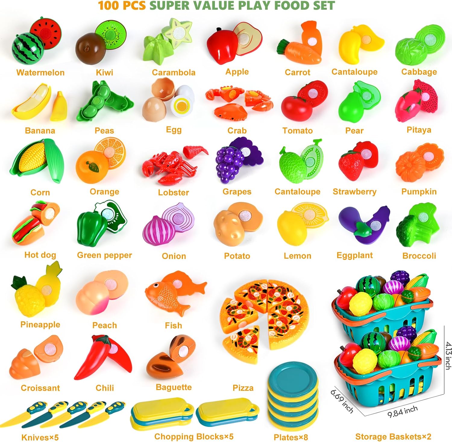 100 Pcs Play Food Set for Kids Kitchen, Pretend Food Toy for Toddlers Age 1-3, Plastics Cutting Fake Food/ Fruit/ Vegetable Accessories with 2 Baskets, Birthday Gifts for 2 3 4 5 Years Old Boys Girls - Image 2