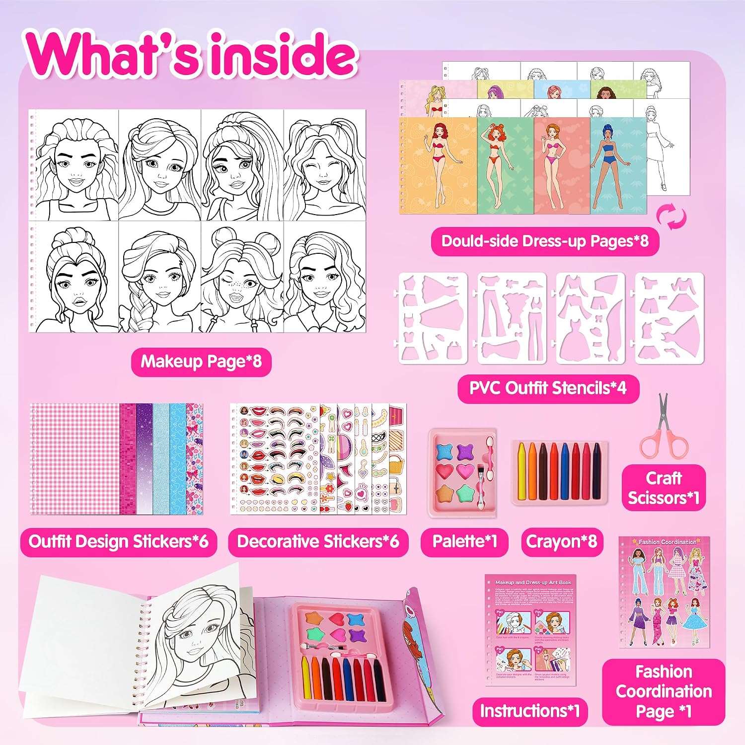 Mocoosy Makeup Art Craft for kids Ages 4-8, Pretend Play Makeup Coloring Activity Book with Stickers, Fashion Design Sketchbook, Travel Game Airplane Car Road Trip Toy Birthday Gift for Girl 5 6 7 8 9 - Image 2