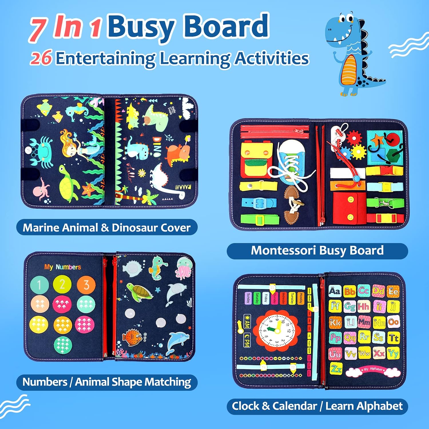Qizfun Montessori Busy Board & Busy Book for Toddlers – Sensory & Learning Toy That Keeps Kids Busy, Travel Toy for Airplane & Car, Screen for Boys & Girls (Blue/P4) - Image 3