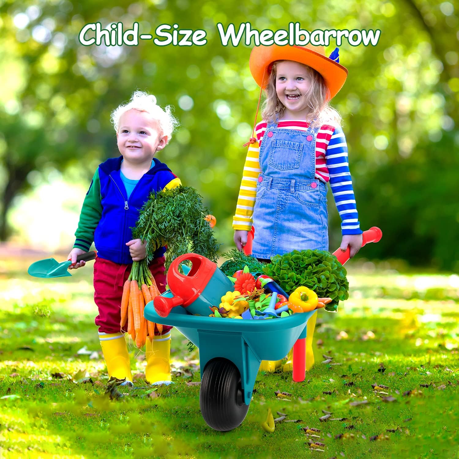 CUTE STONE Kids Gardening Tool Set, Garden Toys with Wheelbarrow, Watering Can, Shovel, Flower Garden Building Toy, Pretend Play Outdoor Indoor Activities Stem Toy Gifts for Boys Girls - Image 2