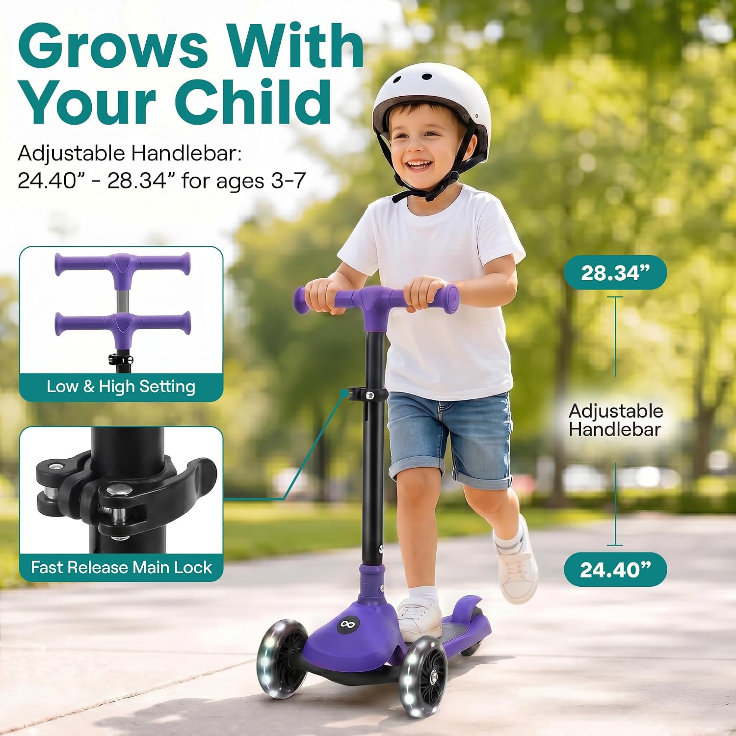SereneLife Toddler Scooter, Adjustable Micro Scooter for Ages 2-5, Lightweight Kids 3 Wheel Design with LED Light-Up Wheels, Anti-Slip Deck & Lean-to-Steer Control, Indoor/Outdoor Use (Purple) - Image 5