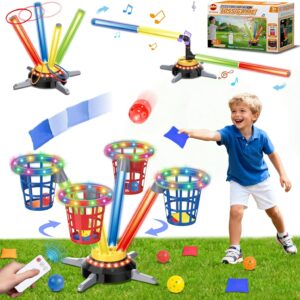 VATOS 3 in 1 Bean Bag & Ring Toss Game, Musical Jumping for Kids, Electric Spinning Base with Remote, Lights, 12 Sandbags, 12 Tossing Rings, 12 Balls, Indoor Outdoor Backyard Sport Toy for Boy Girl 3+