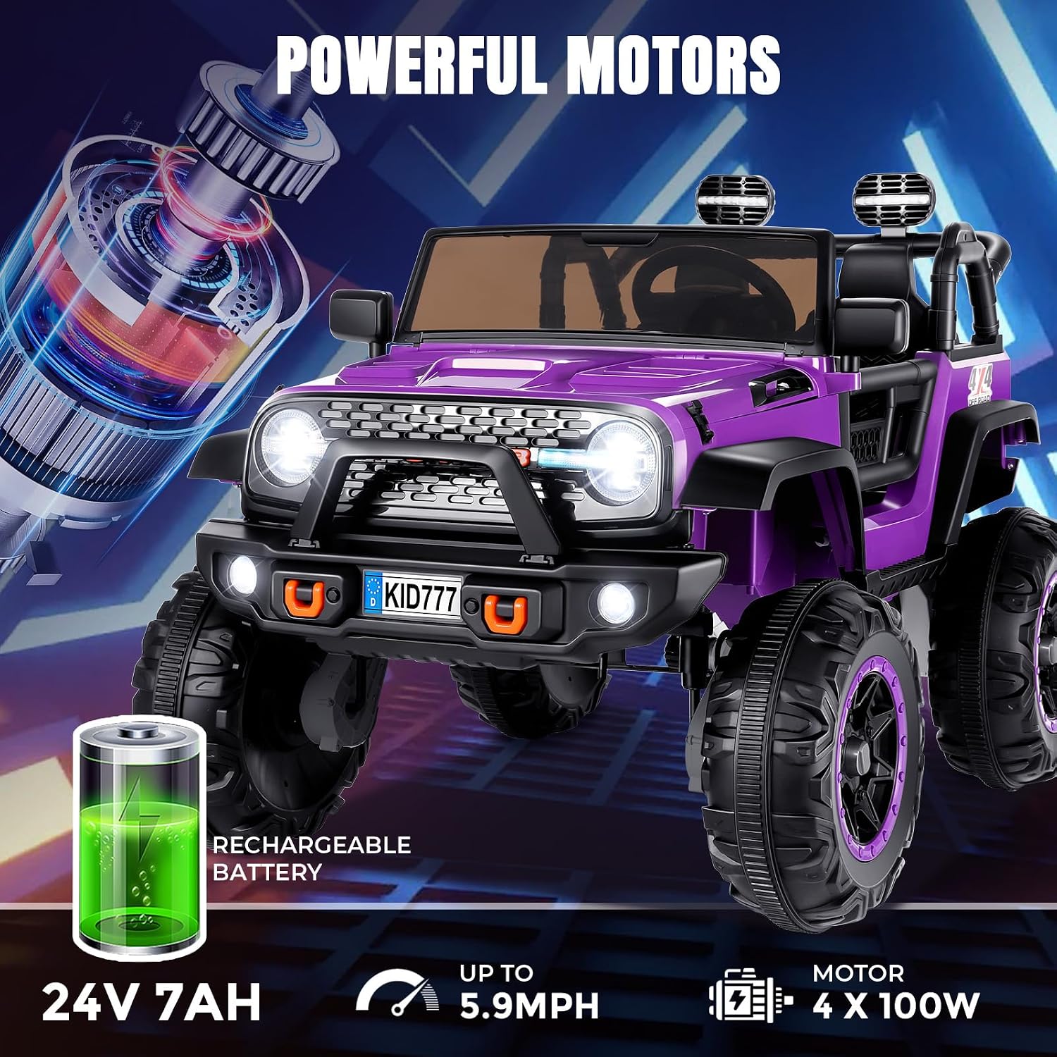 Hikole 24V 4WD Ride on Toys with Remote, 2 Seater Kids Electric Car with 20 Inch Seater, 4x100W Motors, 4 Shock Absorbers, Music Play,Bright Light, 24 Volt Kids Vehicles- Purple - Image 4