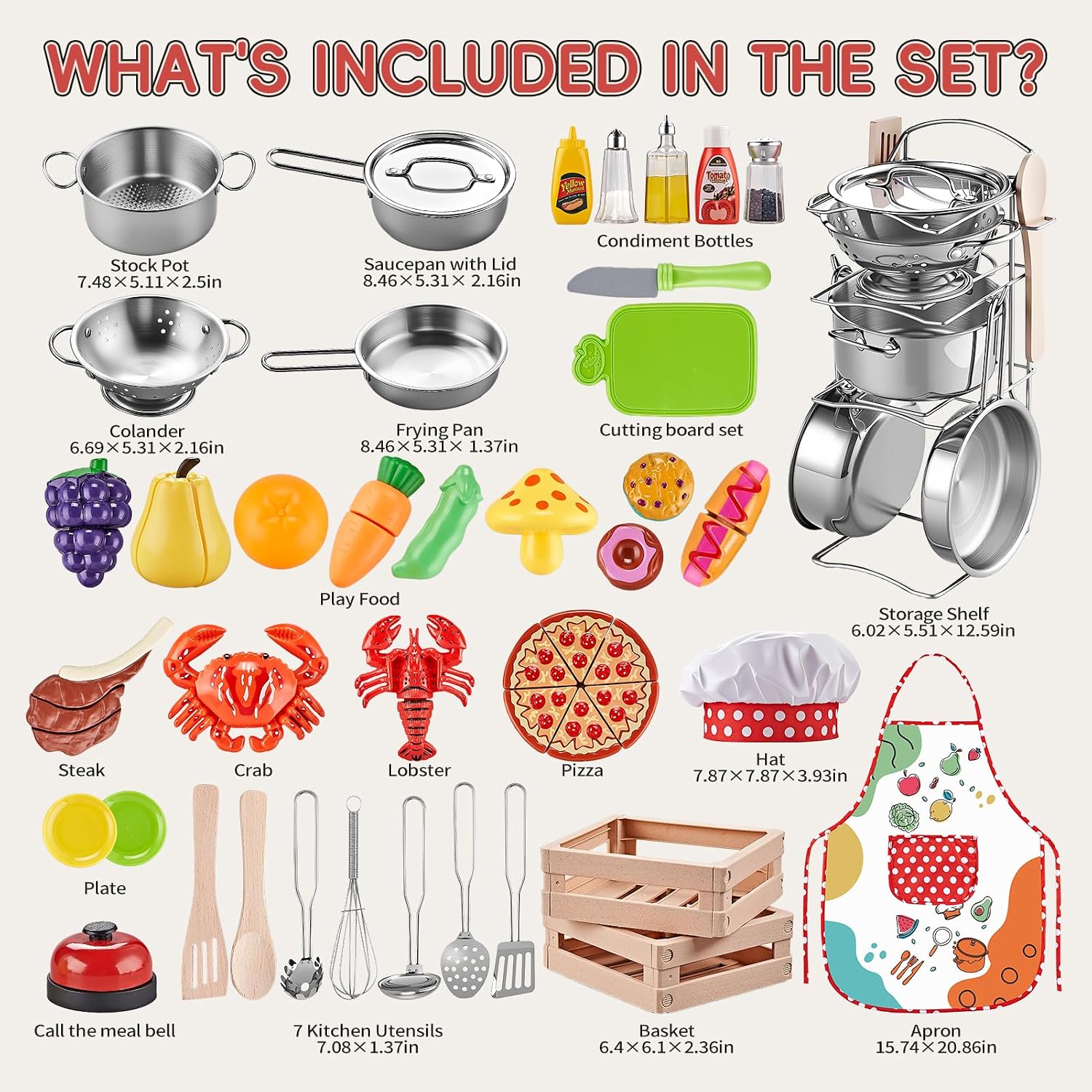 Play Kitchen Accessories, Large Stainless Steel Toddler Cooking Set, Kids Kitchen Playset with Cutting Play Food, Condiments, Chef Apron & Hat, Service Bell, Toy Food with 2 Baskets, Boys Girls Gifts. - Image 9