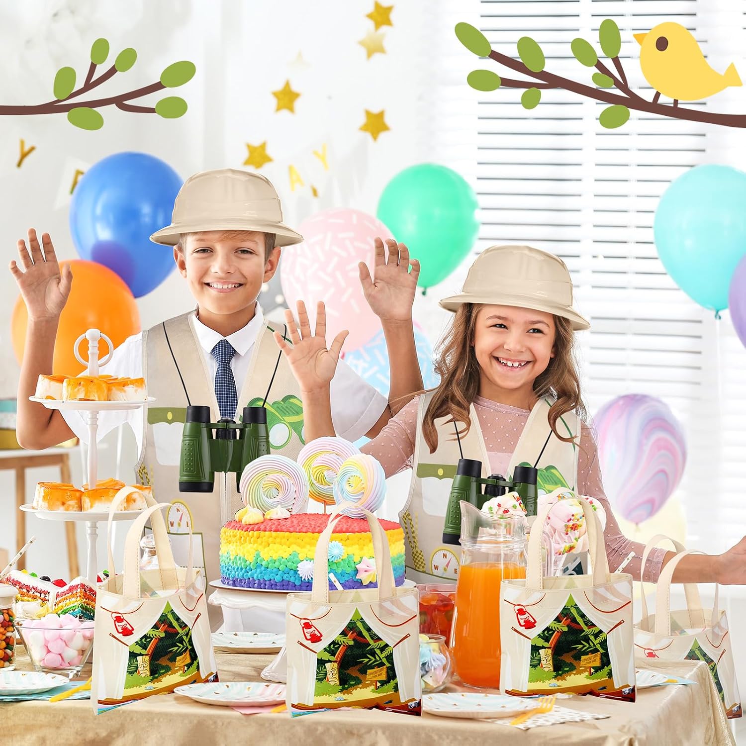 Haysandy 48 Pcs Kids Explorer Costume Set Include Plastic Explorer Safari Hats Jungle Party Vest Safari Tote Bag Adventure Binoculars for Kids Activities Jungle Zoo Birthday Party Supplies Favors - Image 6