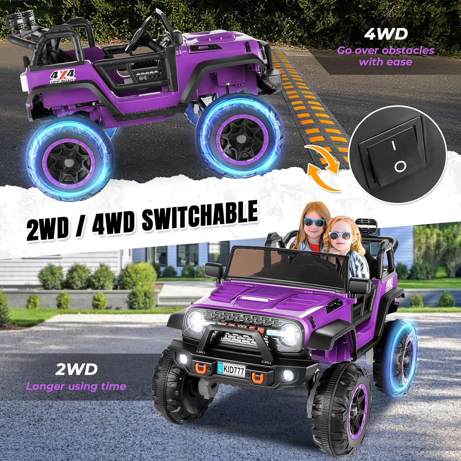 Hikole 24V 4WD Ride on Toys with Remote, 2 Seater Kids Electric Car with 20 Inch Seater, 4x100W Motors, 4 Shock Absorbers, Music Play,Bright Light, 24 Volt Kids Vehicles- Purple - Image 2