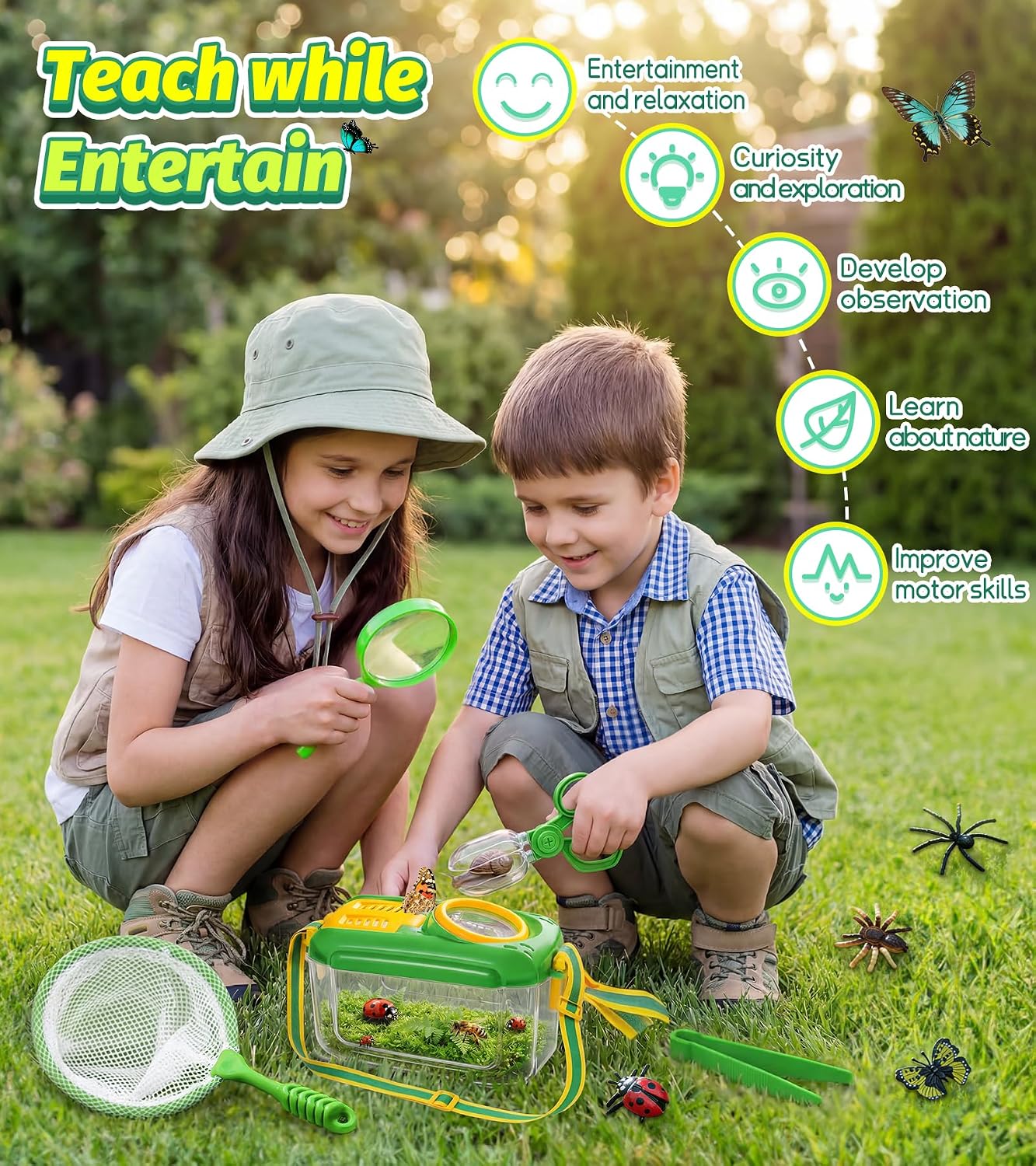 Bug Catcher for Kids, 22 PCS Bug Catching Kit with Bug Collector Toy Bugs Butterfly Net Magnifying Glass Insect Catcher Tweezers, Outdoor Explorer Kit for Kids Age 3 4 5 6 7 8 - Image 6