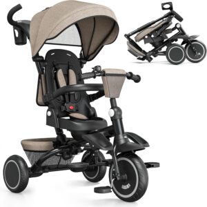 TODEFULL Folding Kids Tricycle, 8 in 1 Toddler Trike W/Removable & 1 Step Brake, Adjustable Canopy, Parent Handle, 5-Piont Harness, Toddler Bike Tricycle for Kids 1-6 Years, Storage Basket, Pink