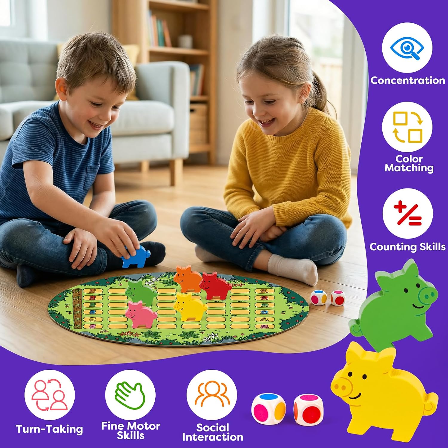 Run Piggy Cooperative Board Game, Adorable Family Dice Game for Kids Ages 3-7, Color Matching Board Game, Preschool Learning Toy, 2-6 Players - Image 4