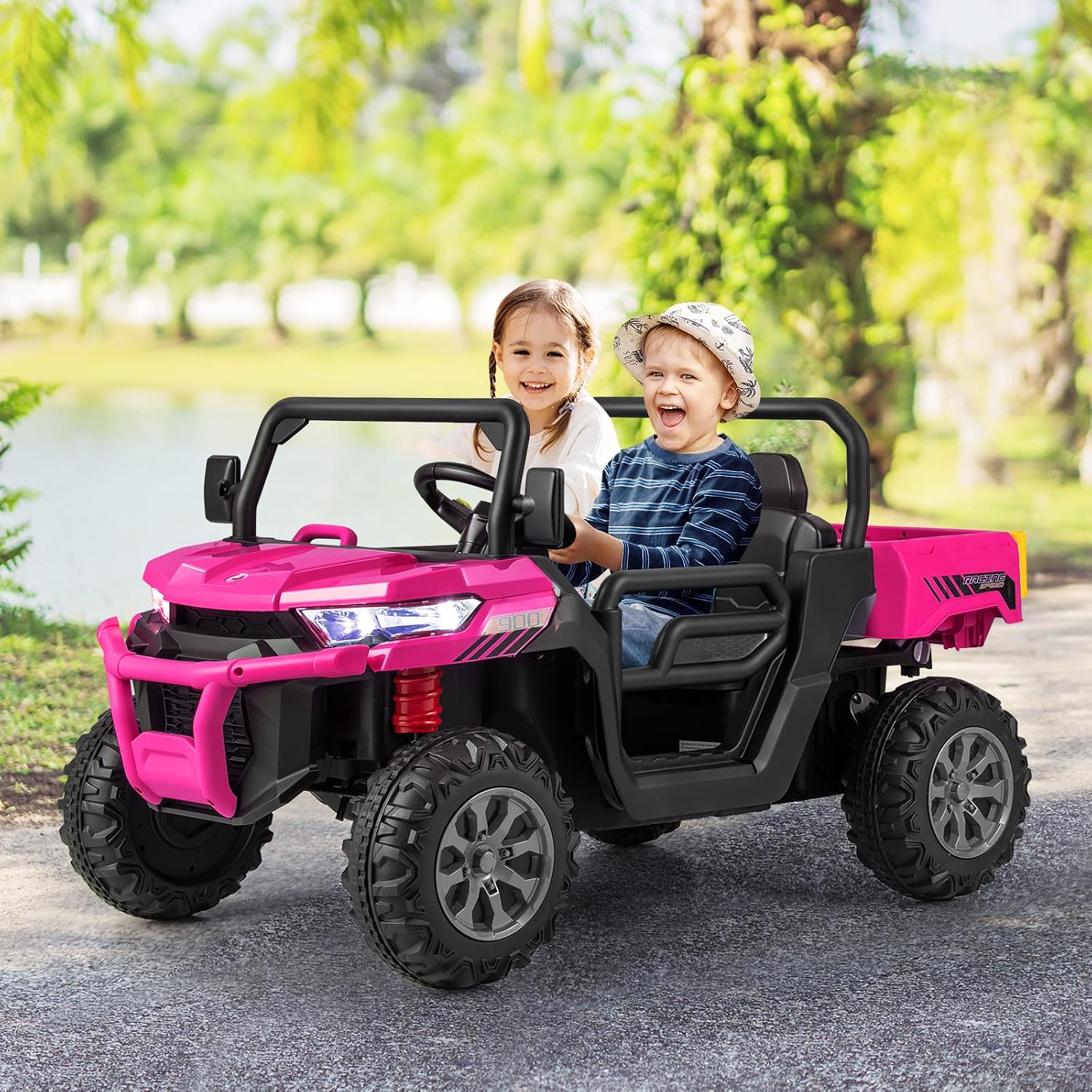 OLAKIDS 2 Seater Ride On Car, 12V Off-Road UTV Electric Vehicle with Remote Control, Dump Bed, Extra Shovel, Music, USB, AUX, Rocking Function, Kids Toddlers Battery Powered Truck (Rose) - Image 2
